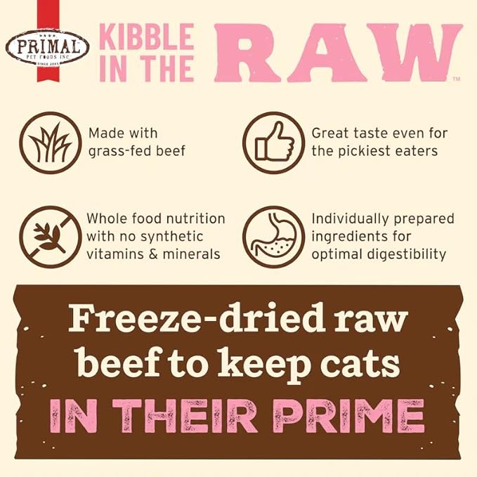 Primal Kibble in The Raw, Freeze Dried Cat Food, Beef, Scoop & Serve, Made with Raw Protein, Whole Ingredient Nutrition, Crafted in The USA, Dry Cat Food, 24 Ounce (1.5 lb) Bag