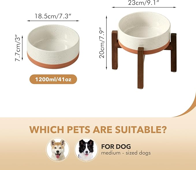 Ceramic 7.3inch Raised Dog Bowl Set, Elevated with Acacia Wood Stand, Food and Water Bowl for Medium Breed Dogs, Weighted Pet Dishes(41oz, Vanilla White)
