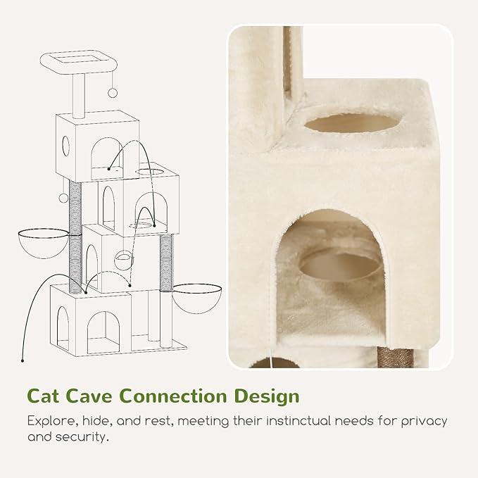 Globlazer Large Cat Tree Condos for Indoor Cats Large Adult, 70inch Tall Cat Tree Condo Tower with 4 Spacious Cat Condo Houses, 3 Sisal Scratching Posts, 2 Adjustable Hanging Baskets, F70C, Beige