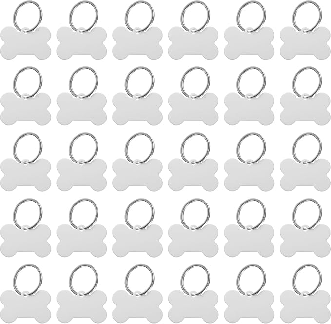 MECCANIXITY Bone Shaped Dog Tag Pet ID Tags, 38mmx25mm/1.5" x1 Metal Silver Tone Blank Dog Tags Cat Tags with Ring for Dog Cat, Pendant Crafts, Pack of 30