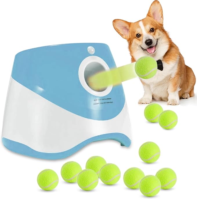 Dog Ball Thrower Launcher,Automatic Ball Launcher for Dogs with 12 Tennis Balls,Thrower Distance 10-30ft,interacive Dog Toys for Dogs Indoor/Outdoor for Small Dogs(Blue)