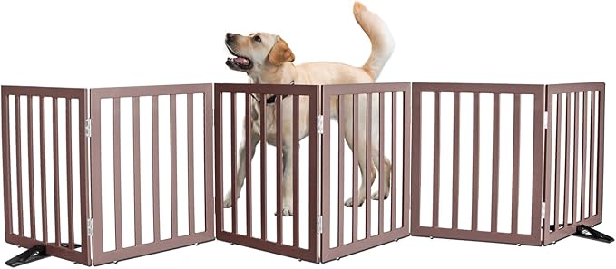 ZJSF Freestanding Indoor Dog Gate for House Foldable Wood Puppy Gate for Doorways Pet Gate for Stairs Extra Wide Pet Fence, Brown, 24" Height 6 Panels