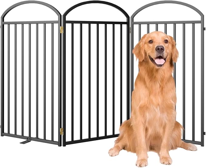 3 Panels Full Matel Freestanding Dog Gates with Door, 72"Extra Wide 36"Tall Free Standing Dog Pet Gate for Indoor & Outdoor. Foldable Pet Fences for Doorways, House, Stairs, Porch, Deck, Yard
