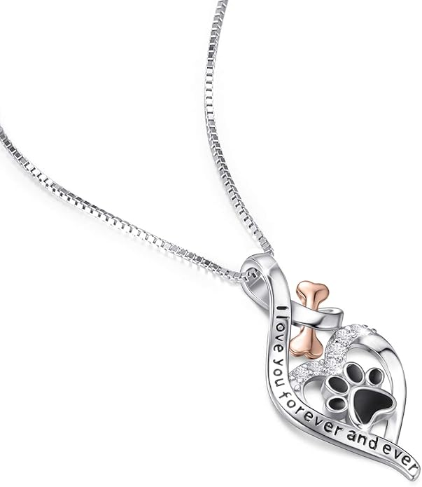 VANLAMS Womens 925 Sterling Silver Bone Love Heart Dog Paw Print Pendant Necklace I Love You Forever and Ever, Gifts for Dog Owner