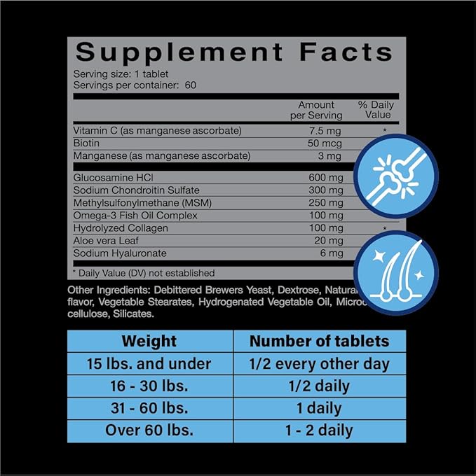 Glucosamine for Dogs Hip & Joint Supplement – “Two-in-One Combo” Dog Joint Care and Improved Skin & Coat with Chondroitin, MSM, Omega 3, Collagen & Biotin, 60 Chewable Tablets