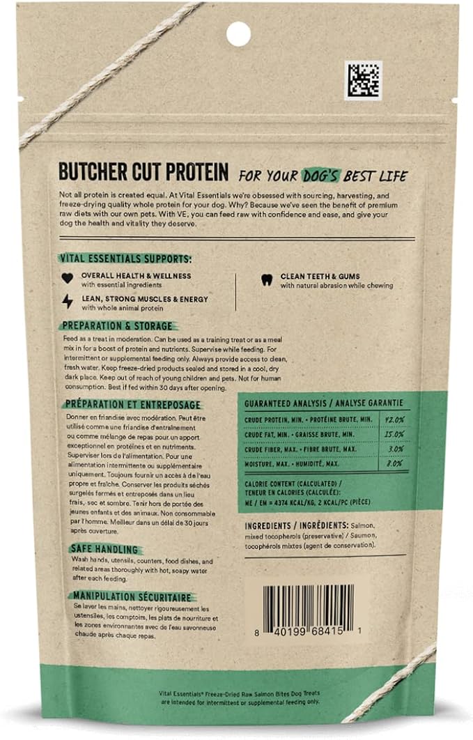 Vital Essentials Salmon Bites Dog Treats, 2.5 oz | Freeze-Dried Raw | Single Protein | Premium Quality High Protein Training Treats | Grain Free, Gluten Free, Filler Free