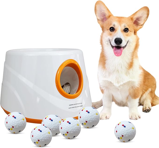 Automatic Ball Launcher for Dogs with 6pcs 2.3 Inch Etpu Tennis Balls,Thrower Distance 20-45ft,interacive Dog Toys for Indoor/Outdoor for Small Or Medium Dogs (White)