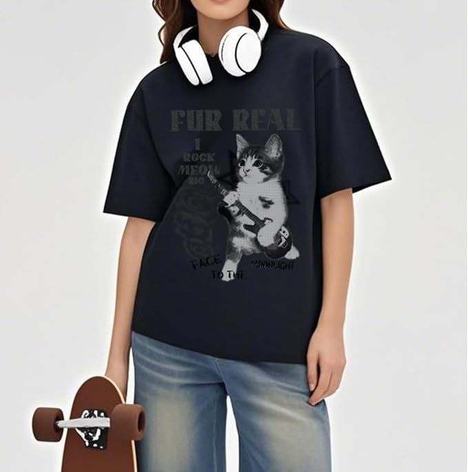 Y2k Graphic Unisex Tees Rock Guitar Cat T-Shirt Short Sleeve Oversized Tee Vintage Retro Grunge Streetwear Shirts