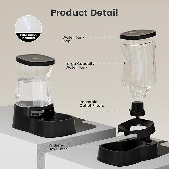 Gardner Pet Automatic Gravity Water Dispenser for Dogs, 1.0Gallon 100% BPA-Free Dog Water Bowl Dispenser, Pet Water Fountain Dispenser with Sponge Filter for Small&Medium Dogs, Cats, Puppies(Black)