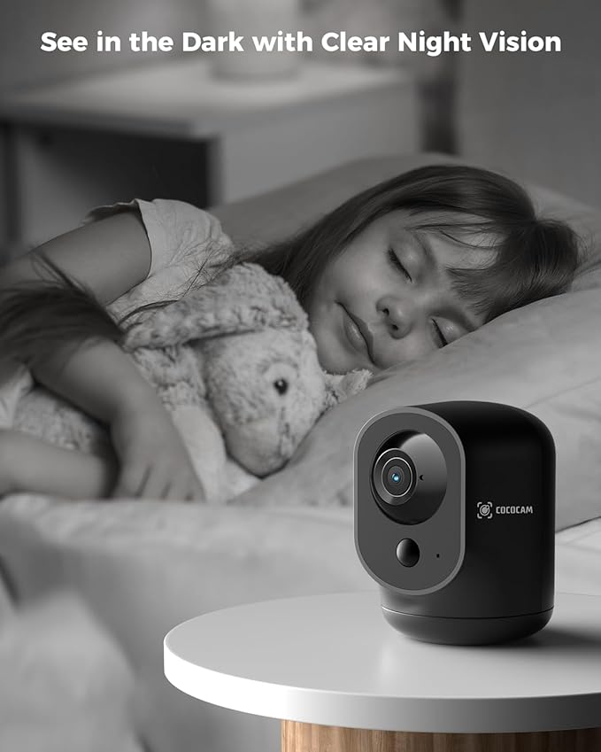 COCOCAM 2K Indoor Pan/Tilt Security Camera with 5200mAh Battery, WiFi Camera,Wireless for Baby Monitor/Pet/Home Security, AI Recognition, PIR Human Detection, 2.4G WiFi (Black)