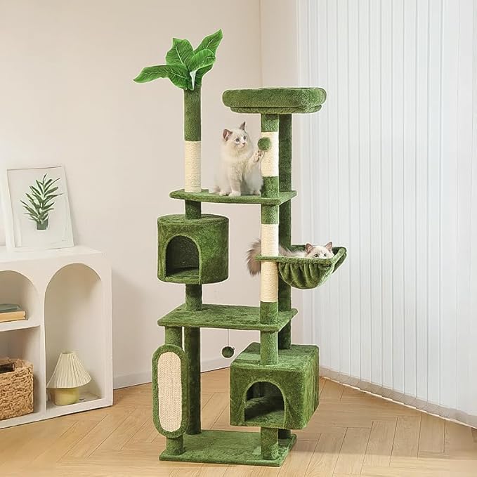 Hoopet 70-Inch Large Cat Tree for Multiple Cats Cat Tower with 2 Condos, Scratching Posts, Hammock & Platform, Plush Perch for Indoor Activity Relaxing Easy Assembly Green
