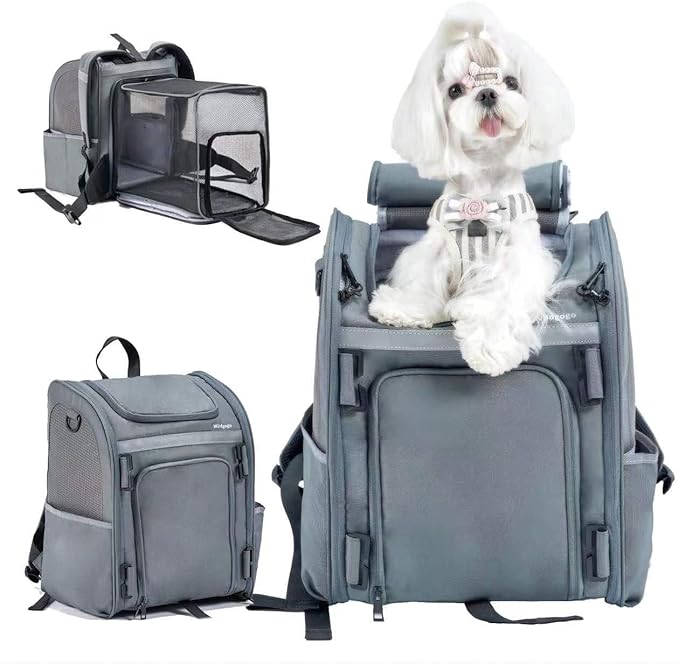 Expandable Pet Carrier, Airline-Approved Foldable and Detachable Backpack, Fits 13lbs Cat&11lbs Small Puppy Dog, for Car Travel,Camping and Emergency Transportation and Shelter (Grey)