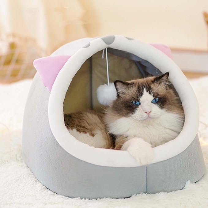 12.9 inch Semi-Enclosed All-Season Cat Bed, Removable and Washable Cat Beds for Indoor Cats, Comfortable Cat House for Cats to Play and Sleep in