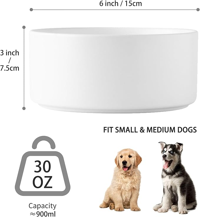 Ceramic Set of 2 Dog Bowls - Classic Dogs Food & Water Bowl for Small and Medium Breed, Heavy-Duty Non-Slip Dog Dishes, Food Grade Pet Bowl, Dishwasher & Microwave Safe (6'', 2*30OZ, White)
