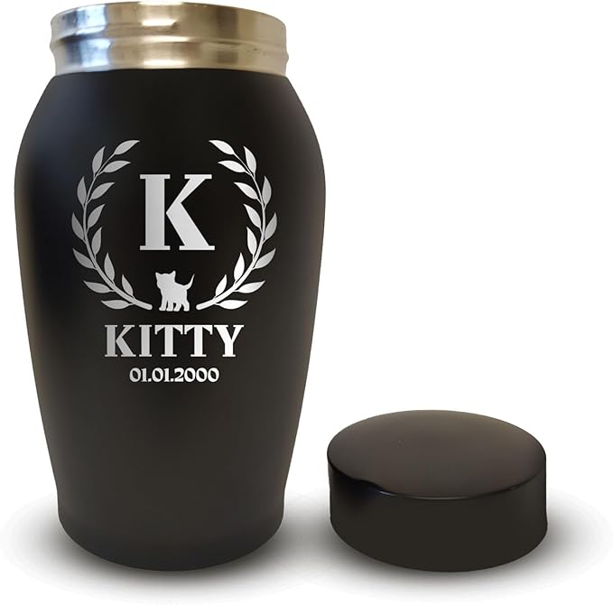 Personalized Custom Small Keepsake Urn Engraved with Pet Name, Date and Cat Design - 5.2" Black Cremation Urn for Cat Ashes | 12-16 lb Capacity, Monogram with Arch Leaves Border and Cat Silhouette