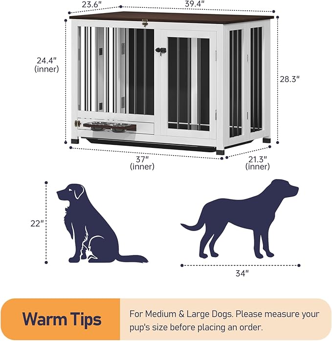 Dog Crate - 39.4" Dog Kennel Furniture with 360° Rotating Feeder & Removable Tray | Versatile Indoor Dog Cage End Table for Medium & Large Dogs, White Wooden Dog Crates for Living Room
