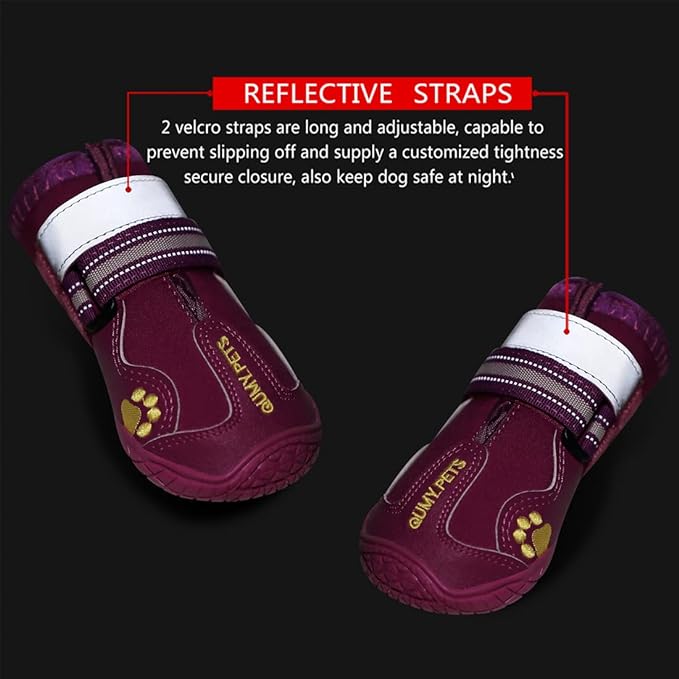 QUMY Dog Shoes for Large Dogs, Medium Dog Boots & Paw Protectors for Winter Snowy Day, Summer Hot Pavement, Waterproof in Rainy Weather, Outdoor Walking, Indoor Hardfloors Anti Slip Sole Purple Size 4