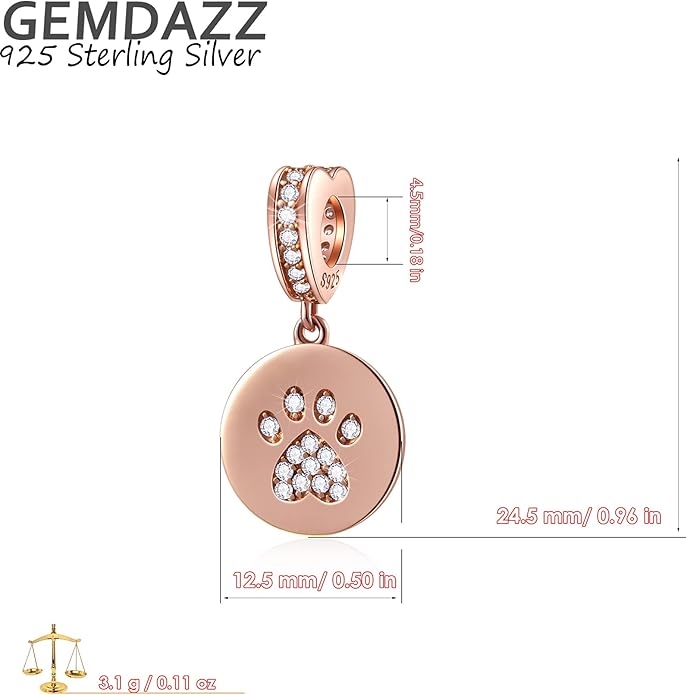 GEMDAZZ Sparkling Puppy Paw Print Charms in 925 Sterling Silver, Pave Dog Pawprint CZ Round Beads and Always in My Heart Charms, Gift for Animal Lover, fit European Women Bracelet/Necklace