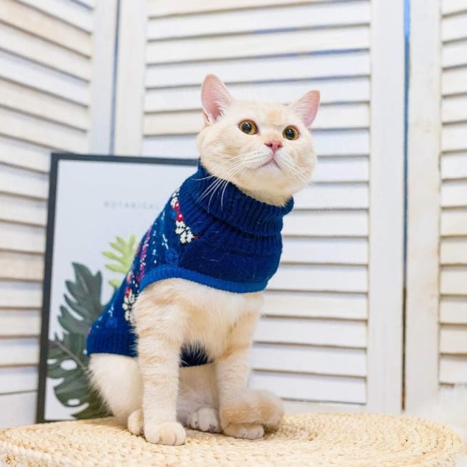 BINGPET Cat Sweater,Cat Outfit Sleeveless Winter Sweater with Snowflake Pattern,Soft Turtleneck Knitted Kitten Puppy Apparel,Cute Winter Pet Clothes for Cold Weather