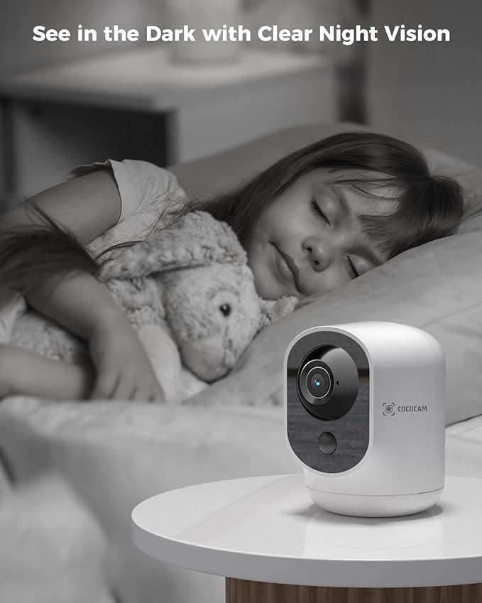 COCOCAM 2K Indoor Pan/Tilt Security Camera with 5200mAh Battery, WiFi Camera,Wireless for Baby Monitor/Pet/Home Security, AI Recognition, PIR Human Detection, 2.4G WiFi (White)