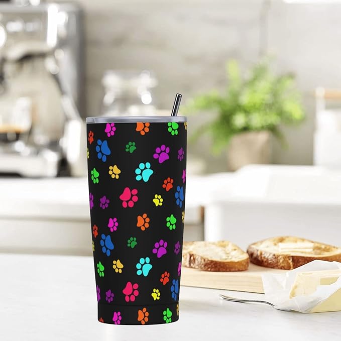 Dujiea 20oz Tumbler With Lid And Straw, Colorful Dog Cat Paw Print Vacuum Insulated Iced Coffee Mug Reusable Travel Cup Stainless Steel Water Bottle