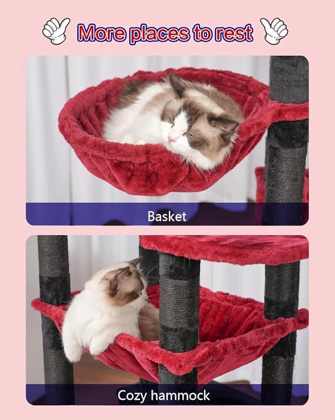 Cat Tree for Indoor Cats Large Adult, 74" Cat Tower for with 3 Big Platforms, 2 Baskets, 2 Condos, Multi-Level Cat Scratching Posts, Black and Red GCT030BR