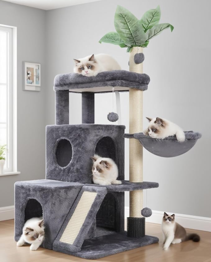 Cat Tree for Indoor Cats Large Adult, Heavy Duty Cat Tower for Big Cats, Cat Tree House with Self Groomer Brush, Big Padded Top Perch, Scratching Post, Hammock, Smoky Gray GCT012G