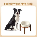 Ceramic 7.3inch Raised Dog Bowl Set, Elevated with Acacia Wood Stand, Food and Water Bowl for Medium Breed Dogs, Weighted Pet Dishes(41oz, Vanilla White)