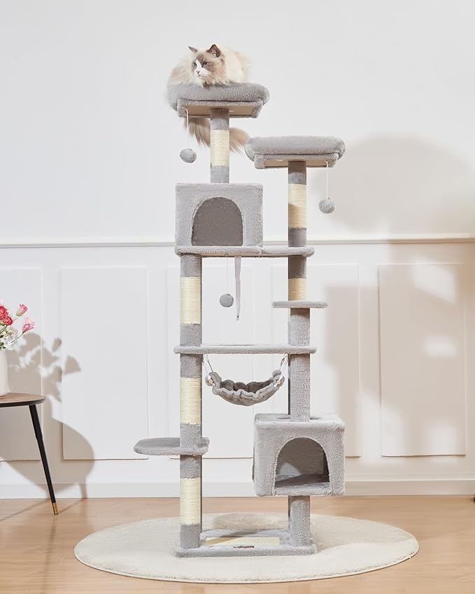 Taoqimiao Cat Tree, 68-Inch Cat Tree Cat Tower for Indoor Cats, Plush Multi-Level Cat Condo with 6 Scratching Posts, 2 Perches, 2 Caves,Hammock, 3 Pompoms,MS020SW Light Gray