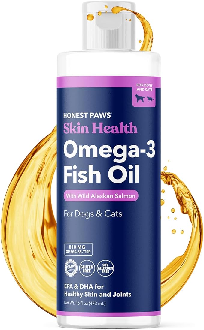 Honest Paws Fish Oil for Dogs and Cats - Omega 3 Wild Alaskan Salmon Oil - Healthy Skin, Joints, Nutritional Support, Shiny Coat - Fatty Acid, Pollock Oil - Sustainably Sourced - 16 Oz