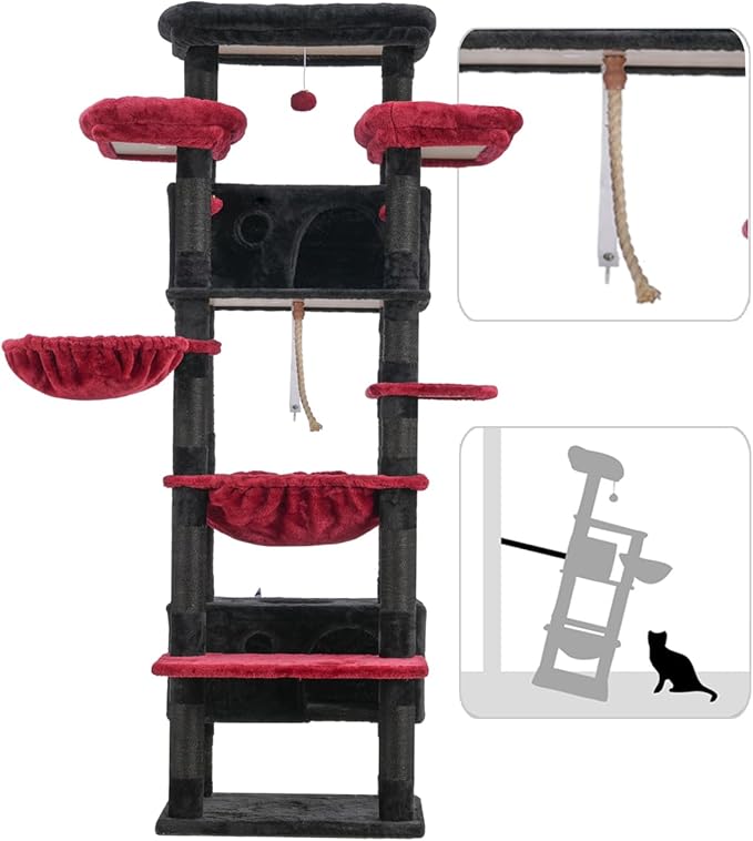 Cat Tree for Indoor Cats Large Adult, 74" Cat Tower for with 3 Big Platforms, 2 Baskets, 2 Condos, Multi-Level Cat Scratching Posts, Black and Red GCT030BR
