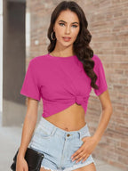 Womens Summer Crop Tops Short Sleeve Round Neck T-Shirts Loose Fit Casual Blouse