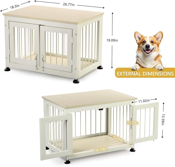 26 Inch Dog Crate Furniture, Heavy Duty Dog Crate for Small Dogs, Indestructible Cage for High Anxiety Dogs with Wooden Table for Indoor Decorative, Escape-Proof Locks & Double Door Cage