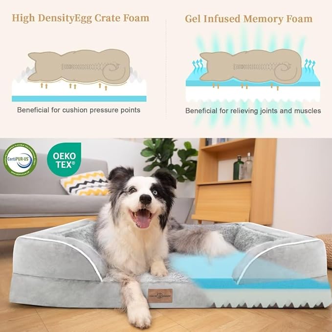 Comfort Expression XXL Dog Beds Waterproof for Extra Large Dogs, Orthopedic Memory Foam Dog Bed for Giant Dogs, Washable Pet Sofa Couch with Bolster & Removable Cover(XX-Large,Light Grey)