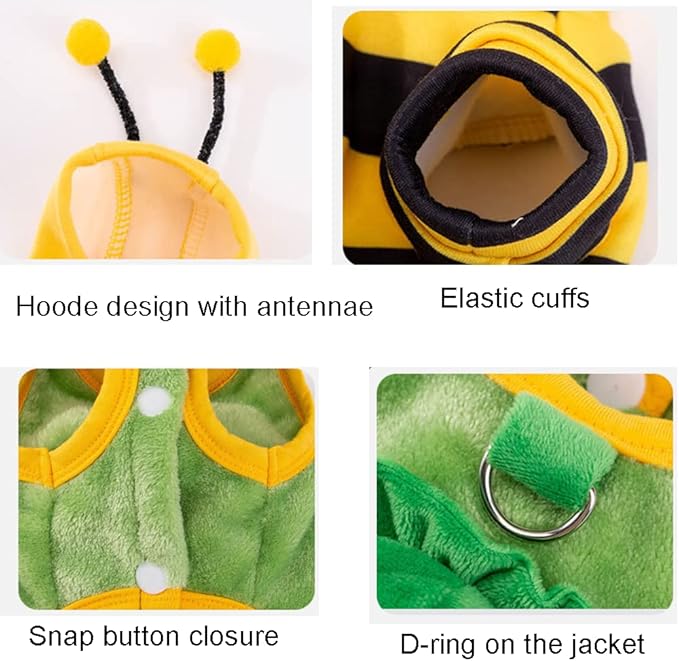 2 PCS Funny Warm Small Dog Clothes Halloween Pet Bee Costume Winter Puppy Hoodies and Vest Sets Flannel Jacket with D-Ring for Cats Dogs (Green, Large)