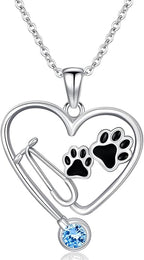 Birthstone Veterinary Stethoscope Necklace 925 Sterling Silver Nurse Vet Pendant with Dog Paw Nurse Jewelry Gifts for Veterinarian Nurse Women Veterinarian Gifts