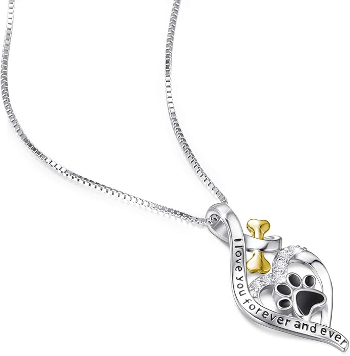VANLAMS Womens 925 Sterling Silver Bone Love Heart Dog Paw Print Pendant Necklace I Love You Forever and Ever, Gifts for Dog Owner