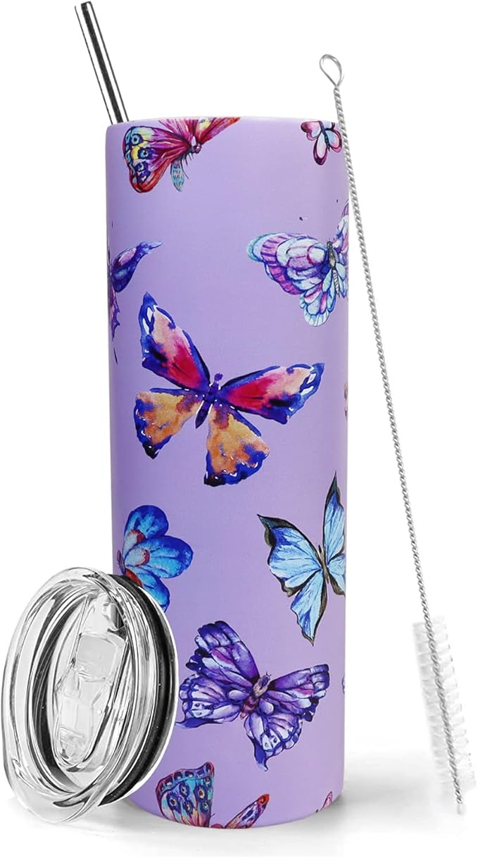 Butterfly Tumbler With Lid and Straw - 20 oz Insulated Purple Stainless Steel Skinny Tumbler Water Bottle Travel Mug Wine Cups Gifts for Women