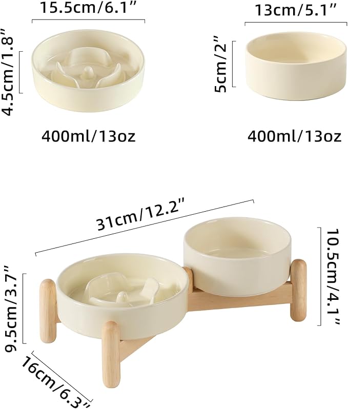 Ceramic Raised Slow Feeder Dog Bowl Set, Elevated 5.1inch Water Bowl and 6.1inch Puzzle Slow Pet Food Dish with Wooden Stand for Small Dog and Cat, Anti-Gulping (2X Beige+ Stand)