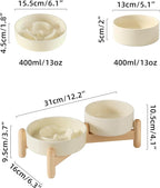 Ceramic Raised Slow Feeder Dog Bowl Set, Elevated 5.1inch Water Bowl and 6.1inch Puzzle Slow Pet Food Dish with Wooden Stand for Small Dog and Cat, Anti-Gulping (2X Beige+ Stand)