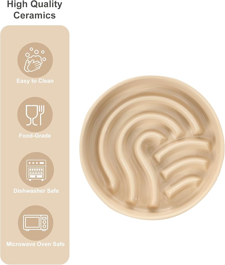 Ceramic Maze Dog Slow Feeder with Non-Slip Silicone Rim (& Bamboo Stand) – Heavy-Duty Stoneware Bowl with Puzzle Pattern for Bloating & Obesity Prevention (Raised-Apricot-S)