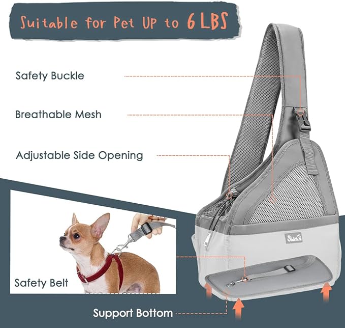 SlowTon Pet Dog Sling Carrier, Hands Free Hard Bottom Papoose Small Animal Puppy Up to 6 lbs Travel Bag Tote Breathable Mesh Support Adjustable Padded Strap Pocket Safety Belt Machine Washable