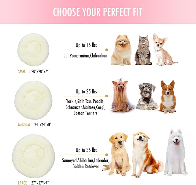Anti Anxiety Round Fluffy Plush Faux Fur Warm Washable Dog Bed & Cat Bed, Original Bed for Small Medium Large Pets,Used to Relieve Joints and Improve Sleep（20"/24"/27''） (24", White)