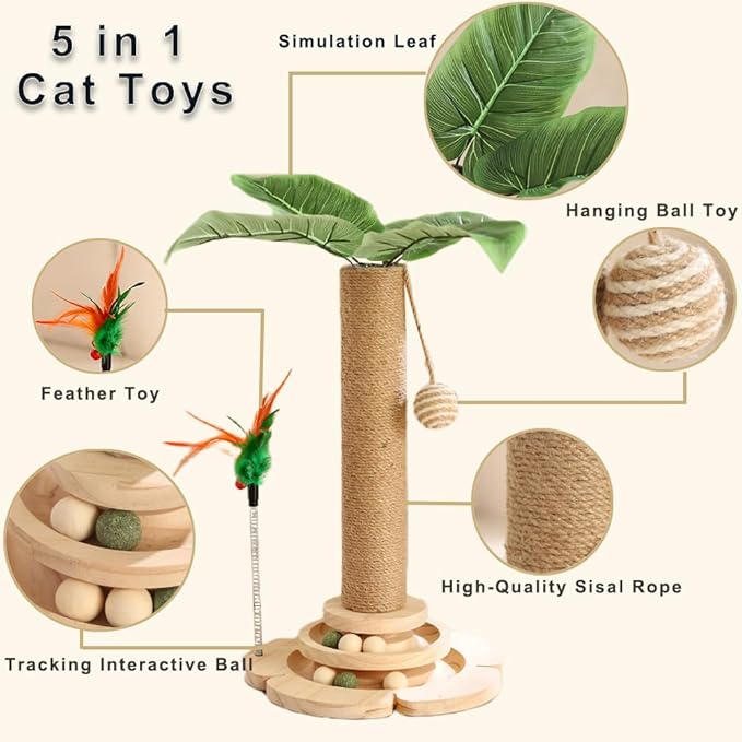 Marchul Cat Scratching Post with 2 Level Track Ball Tower Toy for Indoor Cats and Kitten, 3D Decorative Leaves, Sisal Rope, Interactive Cat Toy for Kitten Mental Physical Exercise
