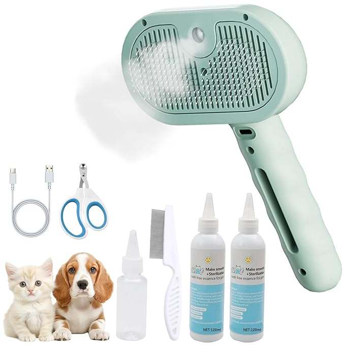 Pet Steam Brush for Cat & Dog – 4-in-1 De-Shedding, Steam Spray, and Self-Cleaning Grooming Tool – Ideal for Long and Short-Haired Pets– Includes 2 Bottles of 120 mL Waterless Shampoo(Green)