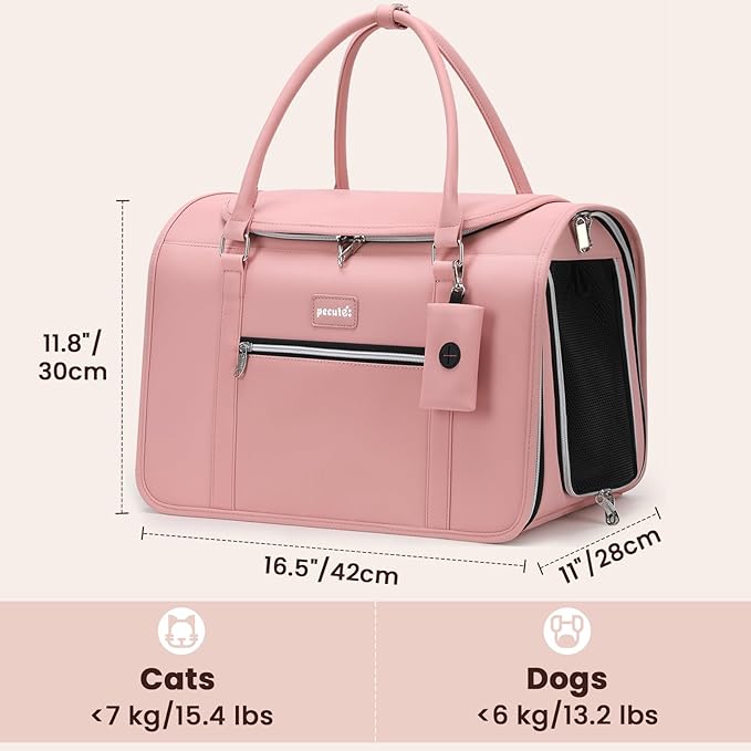 Pecute Stylish Cat Carrier Up to 13lbs, Soft Sided Small Dog Travel Carriers, Collapsible Pet Carrier for Small Cats and Dogs with Locking Safety Zippers, Puppy Carrier Airline Approved -Pink