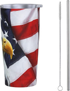 Dujiea 20oz Tumbler With Lid And Straw, American Flag Eagle Vacuum Insulated Iced Coffee Mug, Reusable Travel Cup Stainless Steel Water Bottle