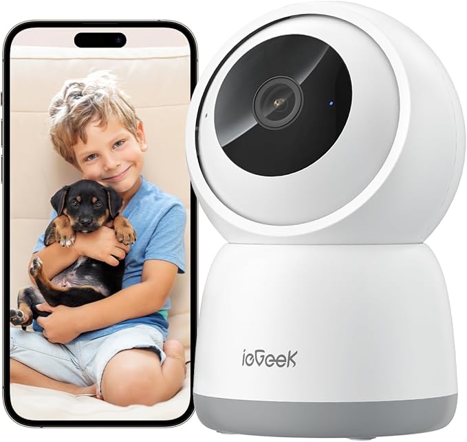 ieGeek 2K Indoor Home Security Cameras，360° Pet Camera with Auto Tracking, Motion & Sound Detection，3MP Night Vision, 2.4G/5G WiFi Dog Camera with Phone App, Cloud & Memory Storage, Works with Alexa