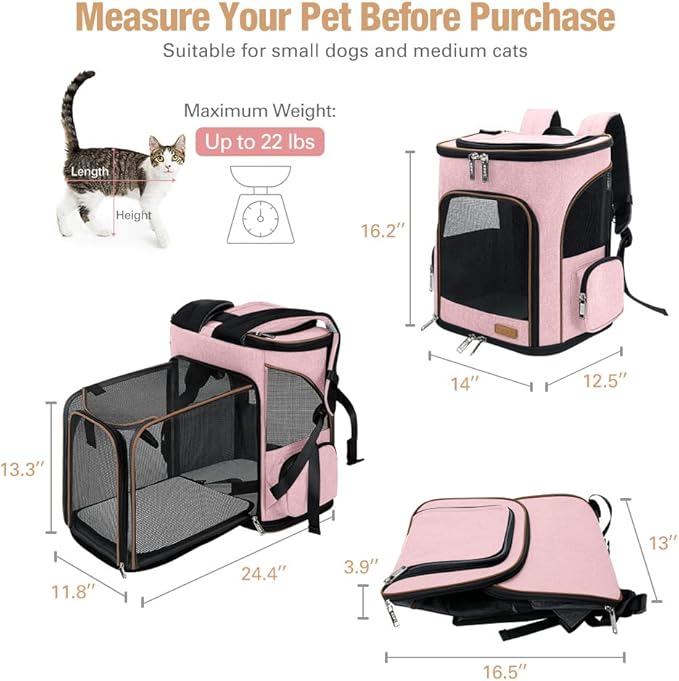 Lekereise Pet Carrier Backpack Expandable Cat Backpack Carrier for Small Dogs Large Cats Puppies, Dog Backpack Carrier for Hiking Travel Outdoor Hold Pets Up to 20 25 Lbs, Pink