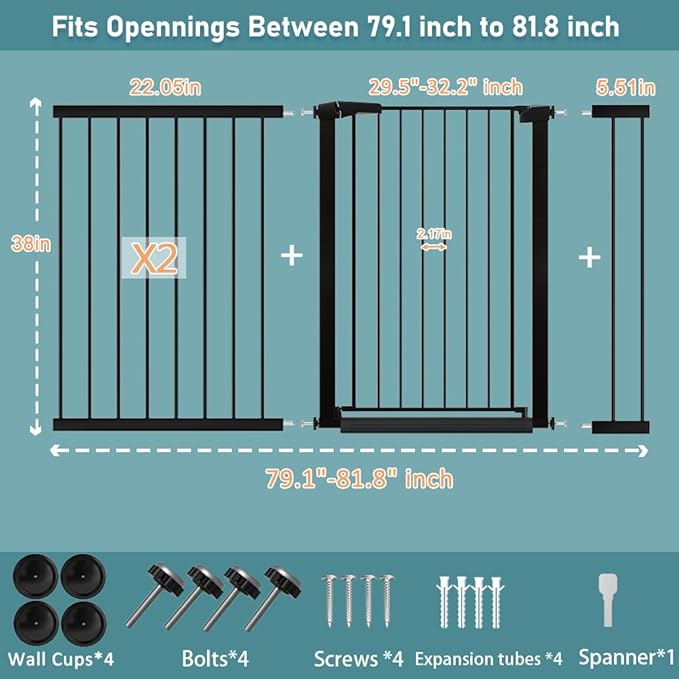 38.5" Extra Tall Dog Gate 79.13"-81.89" Wide - Long Large Pressure Mounted Baby Gates with Door for The House Stairs Doorway - Walk Through Toddler Puppy Pet Safety Fence Gate Black